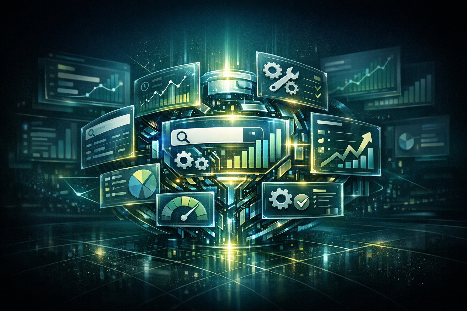 Dark editorial illustration of an autonomous SEO engine with search, analytics, and optimization signals layered into one system.