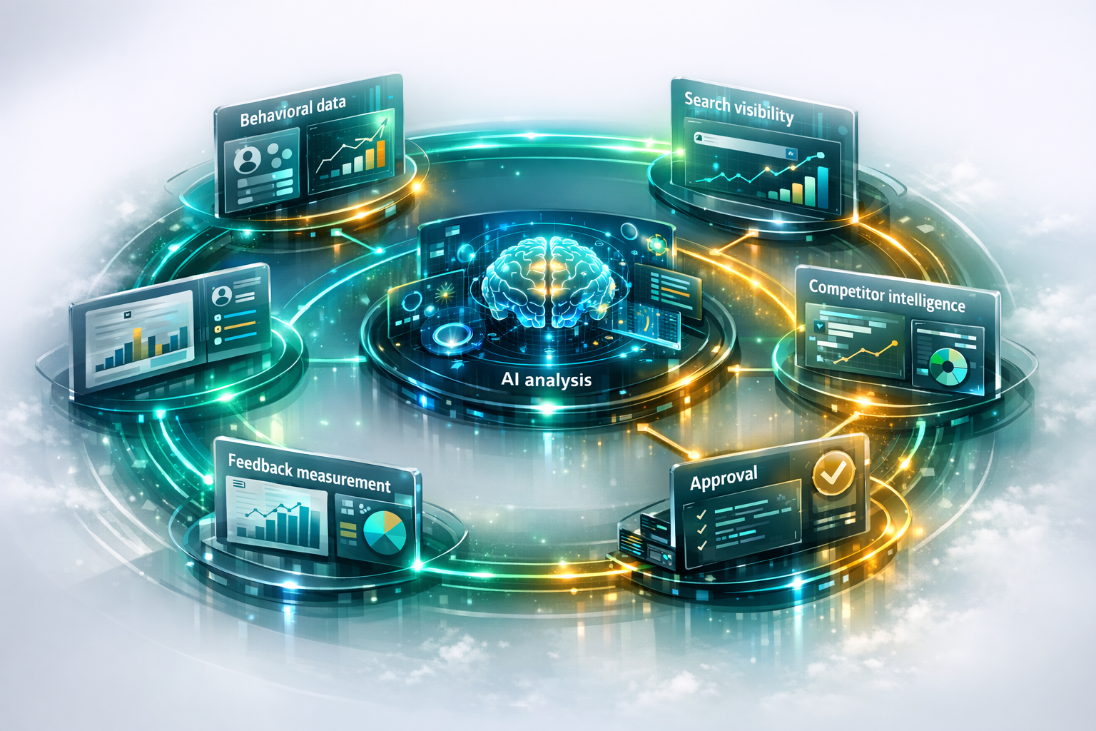 Concept illustration of the optimization loop linking behavior tracking, search visibility, AI analysis, generated fixes, approval, and outcome measurement.