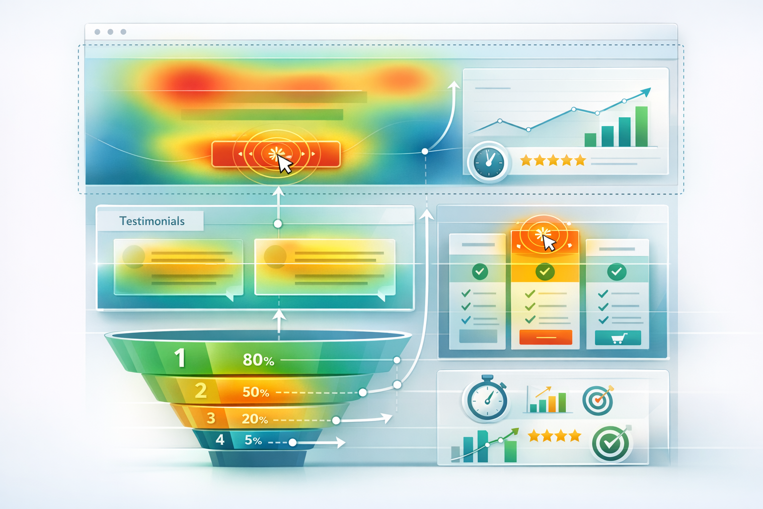 Concept illustration of the kinds of behavioral signals the system can correlate, including section attention, scroll progression, CTA interaction, and funnel steps.
